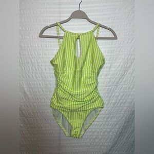 ELLEN TRACY Halter Neck
Ruched Striped Lime One Piece Swimsuit Size 8